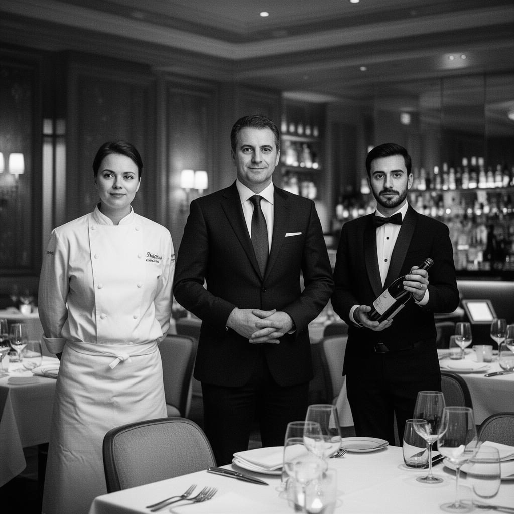 Black and white photograph of a three-person hospitality team — chef, manager and sommelier — leading a refined restaurant